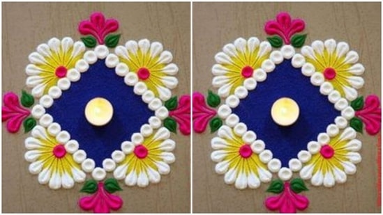 In shades of blue, white, yellow, pink and green, keep your rangoli minimal and super bright. Add a candle in the middle and see it light up your house.(https://in.pinterest.com/)