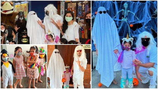 Soha Ali Khan and Kunal Kemmu celebrated Halloween with their daughter Inaaya Naumi Kemmu. The trio looked funky in their cook Halloween costumes.(Instagram/@sakpataudi)