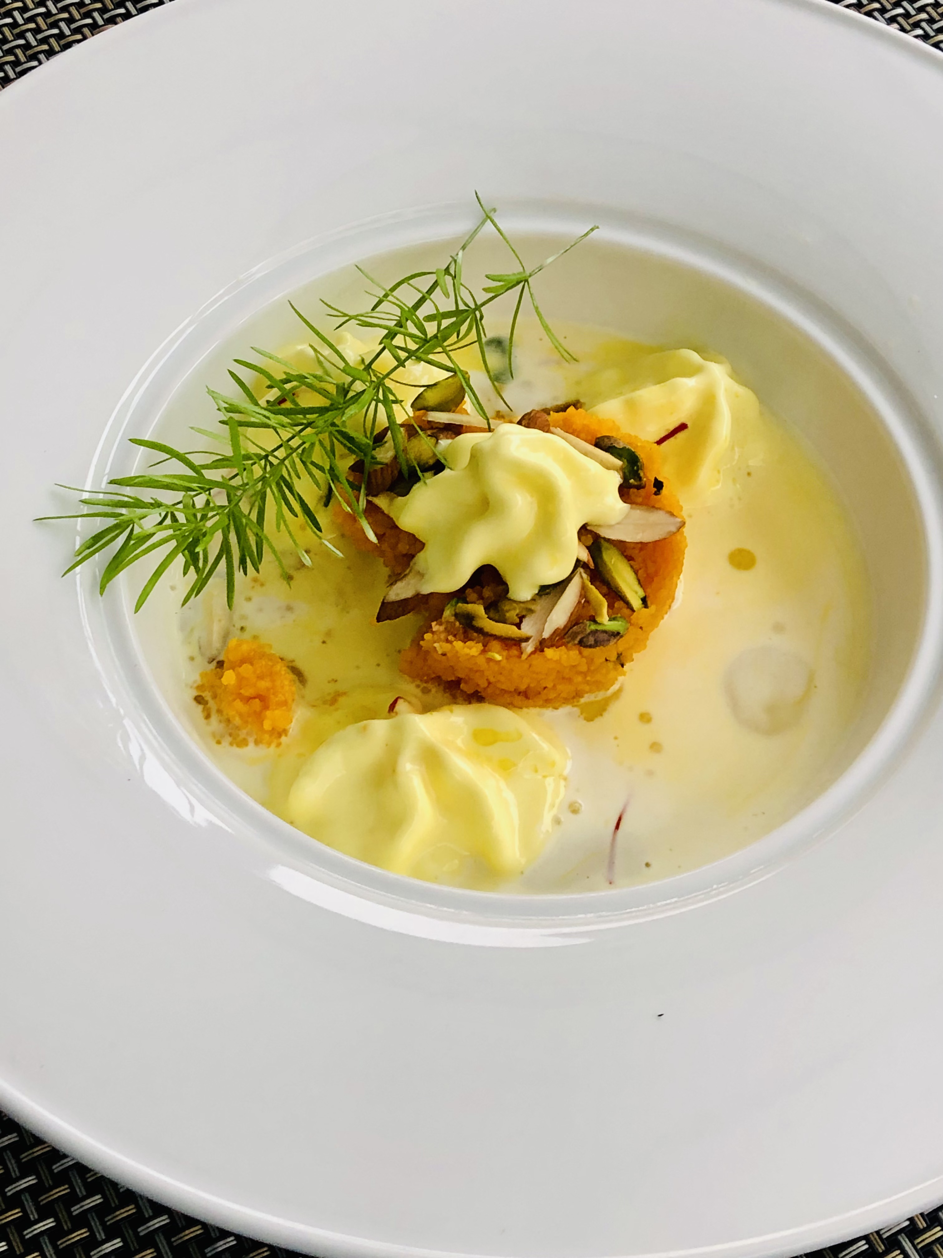 Moti choor with cream angles and vanilla foam is appetising and flavourful