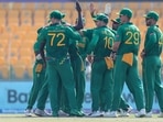 South African players celebrate the dismissal of Bangladesh's Soumya Sarkar during the Cricket Twenty20 World Cup match between South Africa and Bangladesh in Abu Dhabi, UAE, Tuesday, Nov. 2, 2021. (AP) South African players celebrate the dismissal of Bangladesh's Soumya Sarkar during the Cricket Twenty20 World Cup match between South Africa and Bangladesh in Abu Dhabi, UAE, Tuesday, Nov. 2, 2021. (AP)