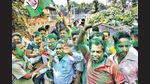 Trinamool Congress activists celebrate as the party is leading during the counting of votes of all four West Bengal assembly constituencies , in Nadia on Tuesday. (PTI) Trinamool Congress activists celebrate as the party is leading during the counting of votes of all four West Bengal assembly constituencies , in Nadia on Tuesday. (PTI)