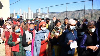 Voting underway in Kotkhai, Shimla district in Himachal Pradesh on Saturday. The Election Commission issued a reminder of a ban on victory processions. (HT photo)
