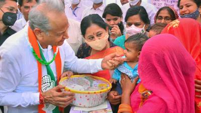 Rajasthan CM Ashok Gehlot at a camp in Fatehpur. Candidates of the ruling Congress party in Rajasthan were leading in Dhariawad and Vallabhnagar as counting was underway after bye-elections on Tuesday. (PTI/File)