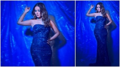 Hina Khan's body-hugging royal blue embellished gown had intricate sequins work that will surely make heads turn. (Instagram/@realhinakhan) Hina Khan's body-hugging royal blue embellished gown had intricate sequins work that will surely make heads turn. (Instagram/@realhinakhan)