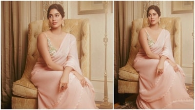You can keep it simple like Janhvi Kapoor and pick a plain, light colour saree from your mom's collection and team it with a neutral embellished blouse. (Instagram/@janhvikapoor) You can keep it simple like Janhvi Kapoor and pick a plain, light colour saree from your mom's collection and team it with a neutral embellished blouse. (Instagram/@janhvikapoor)