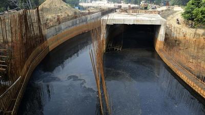Waste water accumulated at the site of railway under bridge on Monday. (Harsimar Pal Singh/Hindustan Times) Waste water accumulated at the site of railway under bridge on Monday. (Harsimar Pal Singh/Hindustan Times)