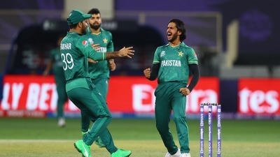 Pakistan's Hasan Ali celebrates after the dismissal of Namibia's Michael van Lingen during the ICC men's Twenty20 World Cup cricket match between Namibia and Pakistan at the Sheikh Zayed Cricket Stadium in Abu Dhabi on Tuesday. (ANI) Pakistan's Hasan Ali celebrates after the dismissal of Namibia's Michael van Lingen during the ICC men's Twenty20 World Cup cricket match between Namibia and Pakistan at the Sheikh Zayed Cricket Stadium in Abu Dhabi on Tuesday. (ANI)