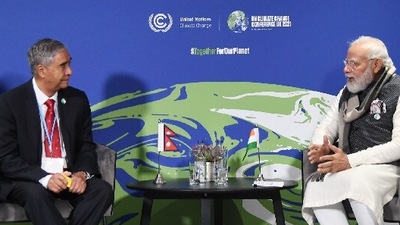 PM Narendra Modi and his Nepalese counterpart Sher Bahadur Deuba hold talks in Glasgow on Tuesday. (ANI Twitter) PM Narendra Modi and his Nepalese counterpart Sher Bahadur Deuba hold talks in Glasgow on Tuesday. (ANI Twitter)