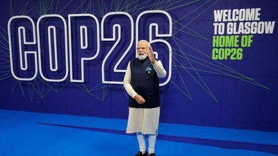 India's Prime Minister Narendra Modi arrives for the UN Climate Change Conference (COP26) in Glasgow, Scotland, on Monday.&nbsp; (REUTERS)