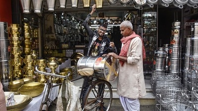 People buy steel utensils on the occasion of Dhanteras, in Ranchi. Literally, Dhanteras means 'dhan' or wealth, while 'teras' is the 13th day of the moon cycle wherein people offer prayers to Lakshmi, the goddess of wealth and prosperity. (PTI) People buy steel utensils on the occasion of Dhanteras, in Ranchi. Literally, Dhanteras means 'dhan' or wealth, while 'teras' is the 13th day of the moon cycle wherein people offer prayers to Lakshmi, the goddess of wealth and prosperity. (PTI)