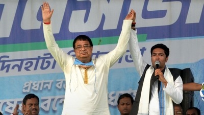 Trinamool Congress general secretary and West Bengal chief minister Mamata Banerjee's nephew Abhishek Banerjee campaigns in support of party candidate Udayan Guha for the Dinhata assembly bypolls at Dinhata in Cooch Behar district. (File photo) Trinamool Congress general secretary and West Bengal chief minister Mamata Banerjee's nephew Abhishek Banerjee campaigns in support of party candidate Udayan Guha for the Dinhata assembly bypolls at Dinhata in Cooch Behar district. (File photo)