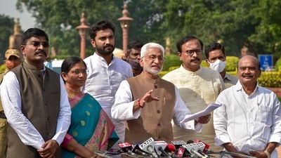 YSR Congress Party delegation led by MP V Vijayasai Reddy, briefs media after meeting President Ramn Nath Kovind on the issue of alleged false propaganda by TDP hurting the image of Andhra Pradesh and its MPs, in New Delhi on Tuesday. (PTI Photo) YSR Congress Party delegation led by MP V Vijayasai Reddy, briefs media after meeting President Ramn Nath Kovind on the issue of alleged false propaganda by TDP hurting the image of Andhra Pradesh and its MPs, in New Delhi on Tuesday. (PTI Photo)
