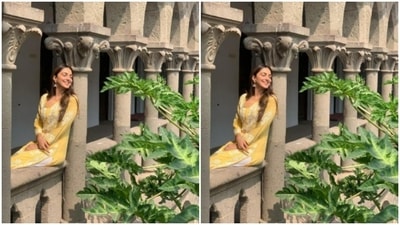 The detailed pillars in her backdrop and the greenery around her, added more festive vibes to her picture. (Instagram/@kiaraaliaadvani) The detailed pillars in her backdrop and the greenery around her, added more festive vibes to her picture. (Instagram/@kiaraaliaadvani)