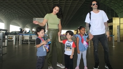 Sunny Leone, her husband Daniel Weber and their children Nisha, Noah and Asher were spotted at the Mumbai airport. (Varinder Chawla)
