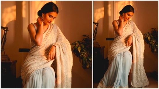 Fatima Sana Shaikh recently shared a still of herself in a breathtaking white chikankari saree. This is the perfect look to pick if you want to wear something simple yet elegant this Diwali.(Instagram/@fatimasanashaikh)