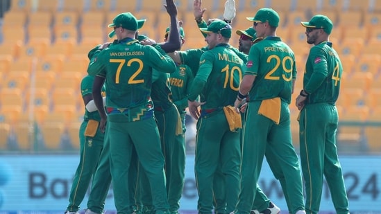 South African players celebrate the dismissal of Bangladesh's Soumya Sarkar during the Cricket Twenty20 World Cup match between South Africa and Bangladesh in Abu Dhabi, UAE, Tuesday, Nov. 2, 2021.&nbsp;(AP)