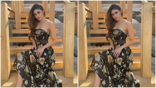 Mouni posed in an outdoor setup, on a wooden structure, as she looked at the camera.(Instagram/@imouniroy)