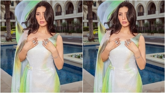 Mahira styled her goddess-like ensemble with centre-parted open tresses styled in soft waves and a messy straight-out-of bed look. A glowing skin, blushed cheeks, pink lip shade, mascara-adorned lashes, shimmery eye shadow, and on-fleek eyebrows completed Mahira's glam.