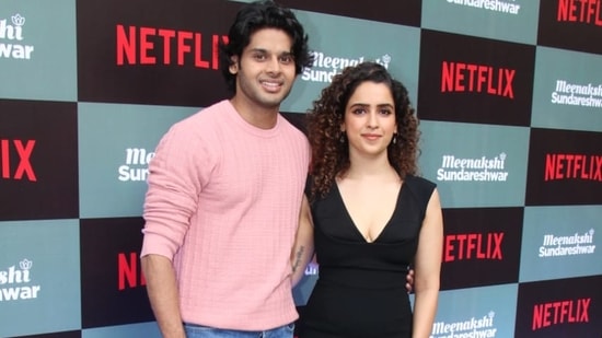 Abhimanyu Dassani and Sanya Malhotra were clicked at the screening of Meenakshi Sundareshwar in Juhu. (Varinder Chawla)