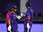 &nbsp;India's KL Rahul bumps fists with Ishan Kishan after hitting a four&nbsp;