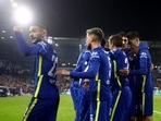 Chelsea's Hakim Ziyech celebrates scoring their first goal with teammates