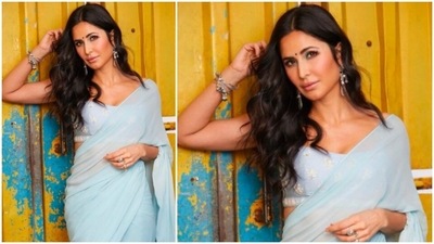Katrina Kaif earlier made head-turns when she posed in a plain light blue saree which she teamed with an embroidered sleeveless blouse. (Instagram/@katrinakaif) Katrina Kaif earlier made head-turns when she posed in a plain light blue saree which she teamed with an embroidered sleeveless blouse. (Instagram/@katrinakaif)