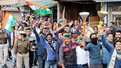 Himachal Congress workers celebrating their party’s win in Mandi bypoll. (Birbal Sharma/HT Photo) Himachal Congress workers celebrating their party’s win in Mandi bypoll. (Birbal Sharma/HT Photo)