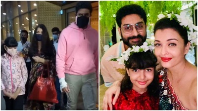 Aishwarya Rai, Abhishek Bachchan and their daughter Aaradhya were clicked at the airport.