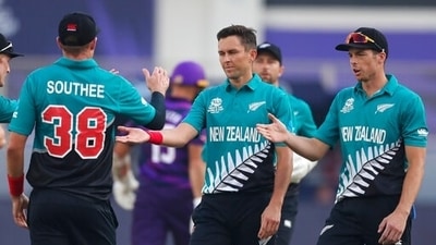 New Zealand's Trent Boult, centre, and Mitchell Santner, right, gesture to teammate Tim Southee, left after taking a catch to dismiss Scotland's captain Kyle Coetzer the Cricket Twenty20 World Cup match between New Zealand and Scotland in Dubai, UAE. (AP) New Zealand's Trent Boult, centre, and Mitchell Santner, right, gesture to teammate Tim Southee, left after taking a catch to dismiss Scotland's captain Kyle Coetzer the Cricket Twenty20 World Cup match between New Zealand and Scotland in Dubai, UAE. (AP)