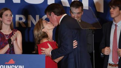 Republican Glenn Youngkin and his wife Suzanne kiss as they take the stage at an election-night rally at the Westfields Marriott Washington Dulles in Chantilly, Virginia. It’s a major setback for US President Joe Biden as this was the first electoral battle fought by the Democratic party under his leadership. (AFP) Republican Glenn Youngkin and his wife Suzanne kiss as they take the stage at an election-night rally at the Westfields Marriott Washington Dulles in Chantilly, Virginia. It’s a major setback for US President Joe Biden as this was the first electoral battle fought by the Democratic party under his leadership. (AFP)