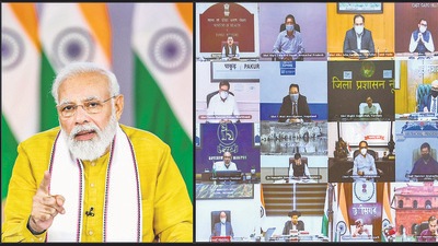 Prime Minister Narendra Modi holds the review meeting with districts having low vaccination coverage, through video conferencing, in New Delhi. Prime Minister Narendra Modi holds the review meeting with districts having low vaccination coverage, through video conferencing, in New Delhi.