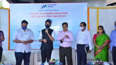 State environment minister Aaditya Thackeray on Wednesday performed the bhumipoojan for the Public Plaza, to be constructed under the recently inaugurated Kalanagar flyover in Bandra. State environment minister Aaditya Thackeray on Wednesday performed the bhumipoojan for the Public Plaza, to be constructed under the recently inaugurated Kalanagar flyover in Bandra.