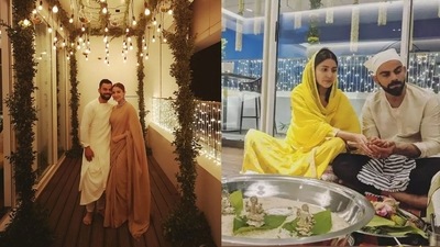 Virat Kohli and Anushka Sharma celebrated their first Diwali in 2018 at their sea-facing residence in Mumbai. The picture of them performing Lakshmi puja is from 2019. Virat Kohli and Anushka Sharma celebrated their first Diwali in 2018 at their sea-facing residence in Mumbai. The picture of them performing Lakshmi puja is from 2019. 