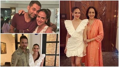 Esha Deol with cousin Abhay Deol, mother Hema Malini and friend Fardeen Khan. Esha Deol with cousin Abhay Deol, mother Hema Malini and friend Fardeen Khan.