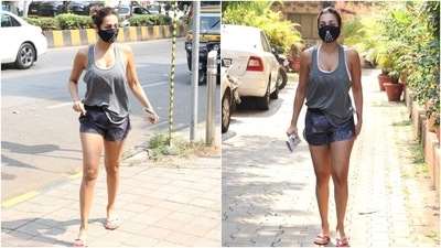 Today, the actor picked her favourite pair of shorts for a quick yoga session. She wore the galaxy print shorts, which she is often seen wearing during her exercise routines. (HT Photo/Varinder Chawla) Today, the actor picked her favourite pair of shorts for a quick yoga session. She wore the galaxy print shorts, which she is often seen wearing during her exercise routines. (HT Photo/Varinder Chawla)