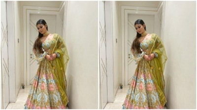 Mouni ditched the bright colours and picked a pastel multicoloured lehenga for this year. (Instagram/@imouniroy)
