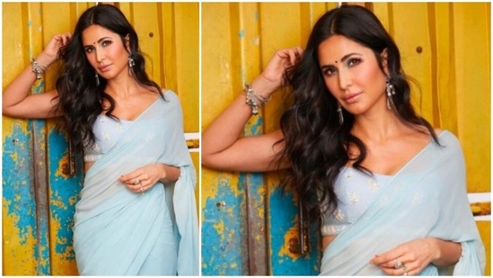 Katrina Kaif earlier made head-turns when she posed in a plain light blue saree which she teamed with an embroidered sleeveless blouse.(Instagram/@katrinakaif)