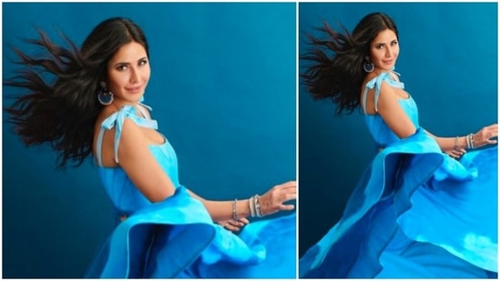 Katrina Kaif accessorised her look with big blue earrings, bracelets and posed for the camera.(Instagram/@katrinakaif)