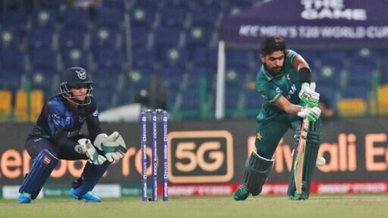 Pakistan's captain Babar Azam bats during the Cricket Twenty20 World Cup match between Pakistan and Namibia in Abu Dhabi, UAE, Tuesday, Nov. 2, 2021. (AP Photo/Aijaz Rahi) (AP)
