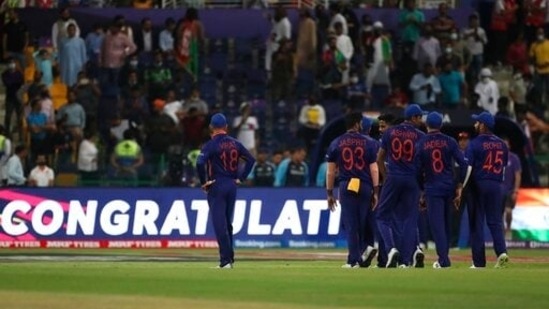 Indian players leave the field after their win in the Cricket Twenty20 World Cup match against Afghanistan in Abu Dhabi, UAE, Wednesday, Nov. 3, 2021. (AP Photo/Aijaz Rahi)(AP)