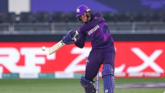 Scotland's Michael Leask bats during the Cricket Twenty20 World Cup match between New Zealand and Scotland in Dubai, UAE, Wednesday, Nov. 3, 2021. (AP Photo/Kamran Jebreili)(AP)