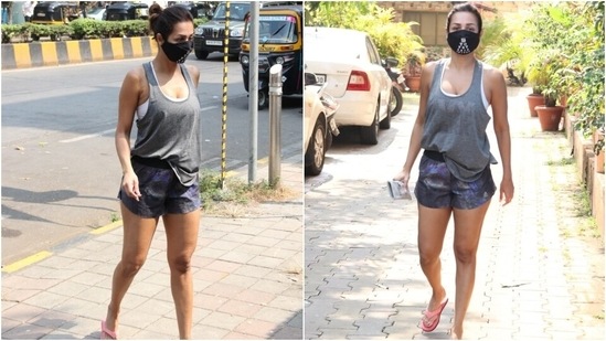 Malaika's gym wardrobe is full of inspiration-worthy fits. The actor proves that one can look good even while exercising. From cut-out tights to trendy shorts and sports bras to neon athleisure attires, the 46-year-old has a gym wear collection we want to steal.(HT Photo/Varinder Chawla)