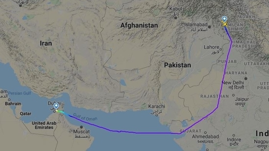 Srinagar-Sharjah airline will now have to take a longer route as Pakistan disallows it from taking its airspace. (Photo: Flightradar24)
