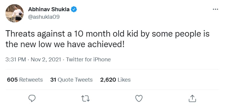 Abhinav Shukla shared a tweet about Virat Kohli and Anushka Sharma’s daughter Vamika getting threats.