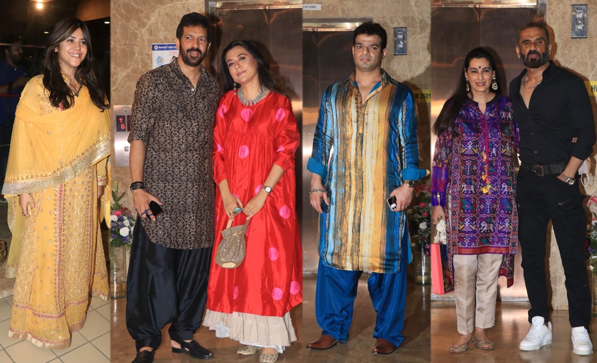 Ekta Kapoor, Kabir Khan, Mini Mathur, Karan Patel, Mana and Suniel Shetty at Ramesh Taurani's Diwali bash. (Varinder Chawla)