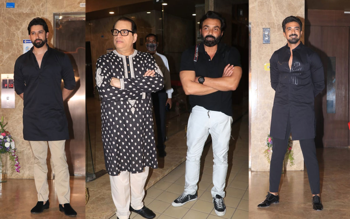 Aftab Shivdasani, Ramesh Taurani, Bobby Deol and Saqib Saleem at Diwali bash. (Varinder Chawla)