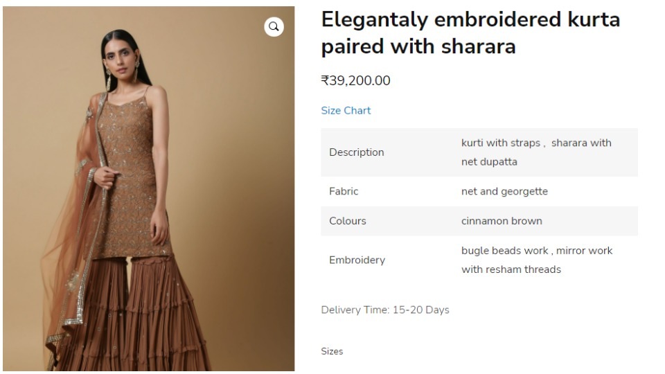 The kurta-sharara set adorned by Pooja in the pictures is priced at ₹39,200 in the designer house’s official website. (https://shopniamh.com/) The kurta-sharara set adorned by Pooja in the pictures is priced at ₹39,200 in the designer house’s official website. (https://shopniamh.com/)