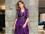 Shamita Shetty rings in Diwali in <span class='webrupee'>₹</span>40k purple asymmetric jacket, lehenga set(Instagram/azafashions) Shamita Shetty rings in Diwali in <span class='webrupee'>₹</span>40k purple asymmetric jacket, lehenga set(Instagram/azafashions)
