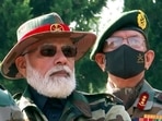 Prime Minister Narendra Modi along with a senior army officer on his arrival to celebrate Diwali, at Nowshera, in Rajouri on Thursday. (ANI Photo)