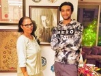 Babil Khan posed with Sutapa Sikdar as a framed photograph of Irrfan Khan hung behind them. Babil Khan posed with Sutapa Sikdar as a framed photograph of Irrfan Khan hung behind them.